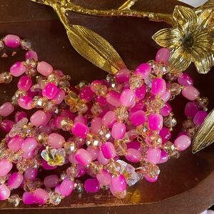 Pink Beaded Bracelet Set With Iridescent Butterfly Charm